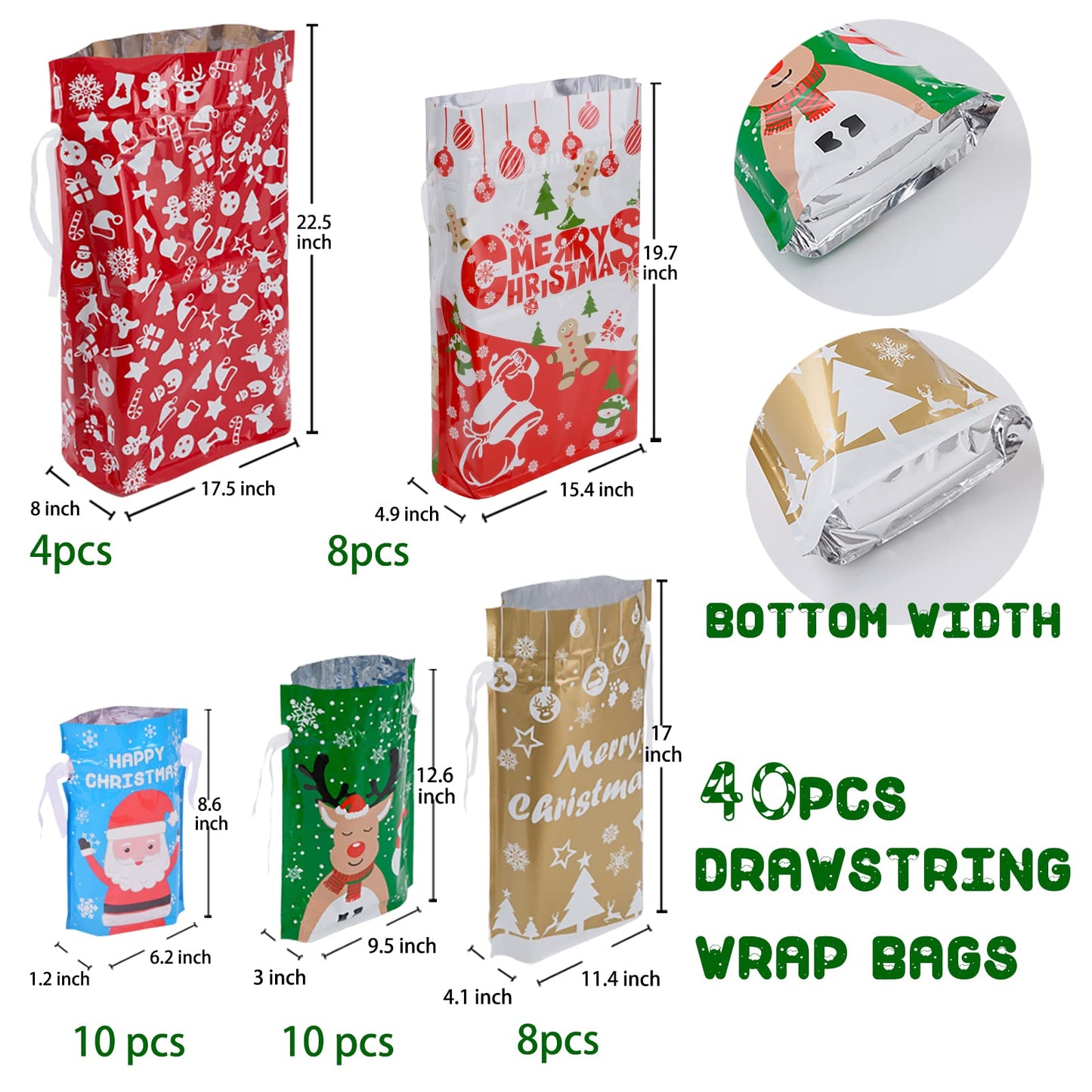 YALTOON 40pcs Drawstrings Christmas Gift Bags Assorted Sizes, Christmas Bags for Gifts Wrapping, Holiday Presents