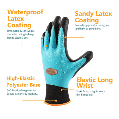 COOLJOB Waterproof Gardening Gloves for Women & Men, 2 Pairs Grip Double Latex Coated Work Gloves with Grip for Motorcycle, Car Washing, Blue & Black, Medium Size (2 Pairs M)