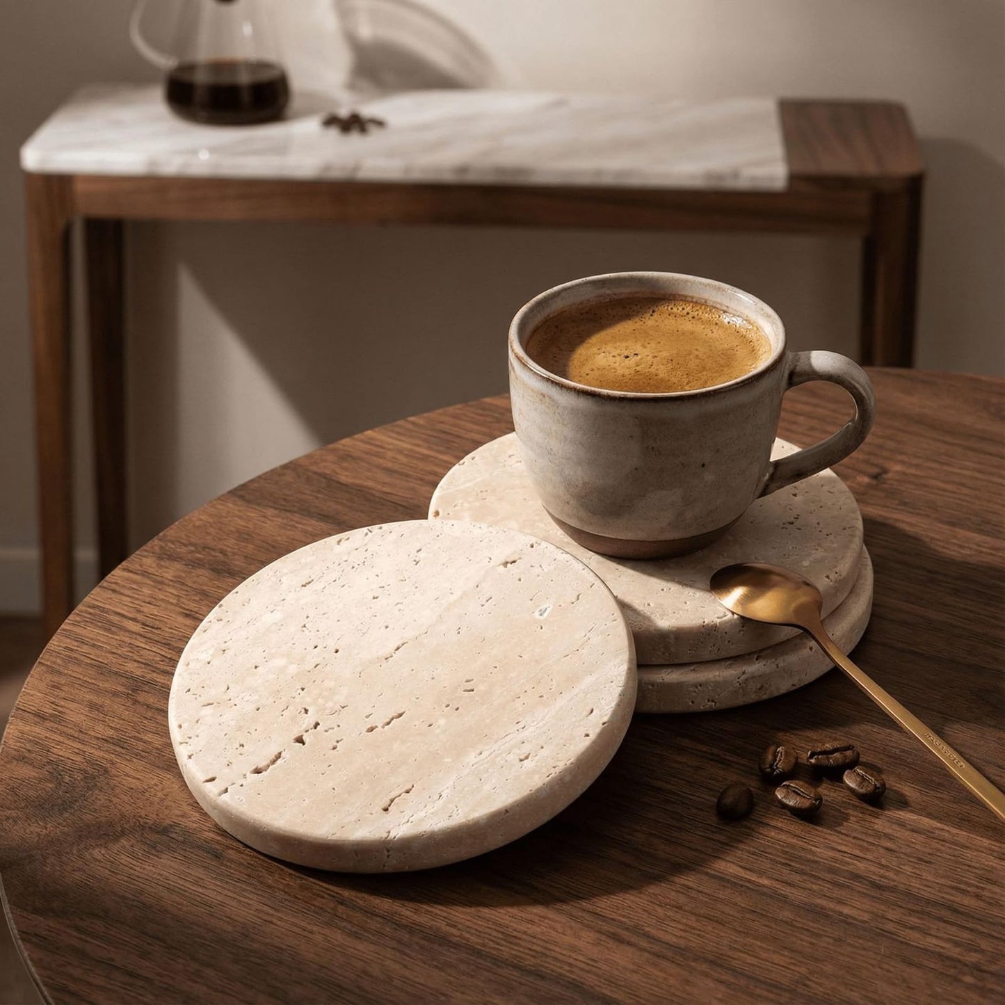 Huazzzyi Beige Travertine Coasters Set of 4 – Natural Absorbent Round Stone Coasters with Storage Rack, Handmade Marble Coasters for Coffee Bar, Dining Table, Housewarming Gift