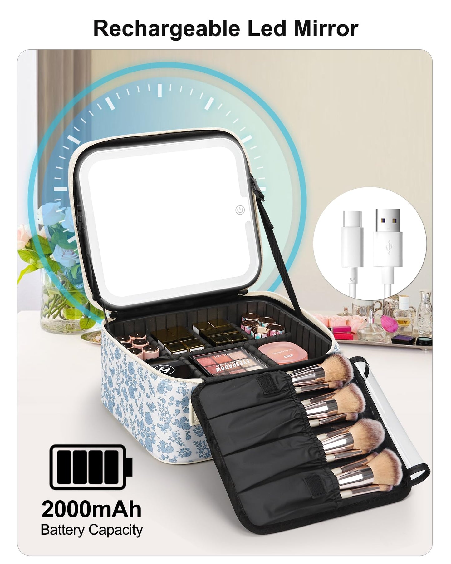 Relavel Travel Makeup Bag With LED Mirror, Cosmetic Train Case with Light up Mirror, Portable Makeup Artist Organizer Bag with Adjustable Dividers, Makeup Brush Holder Storage, Black