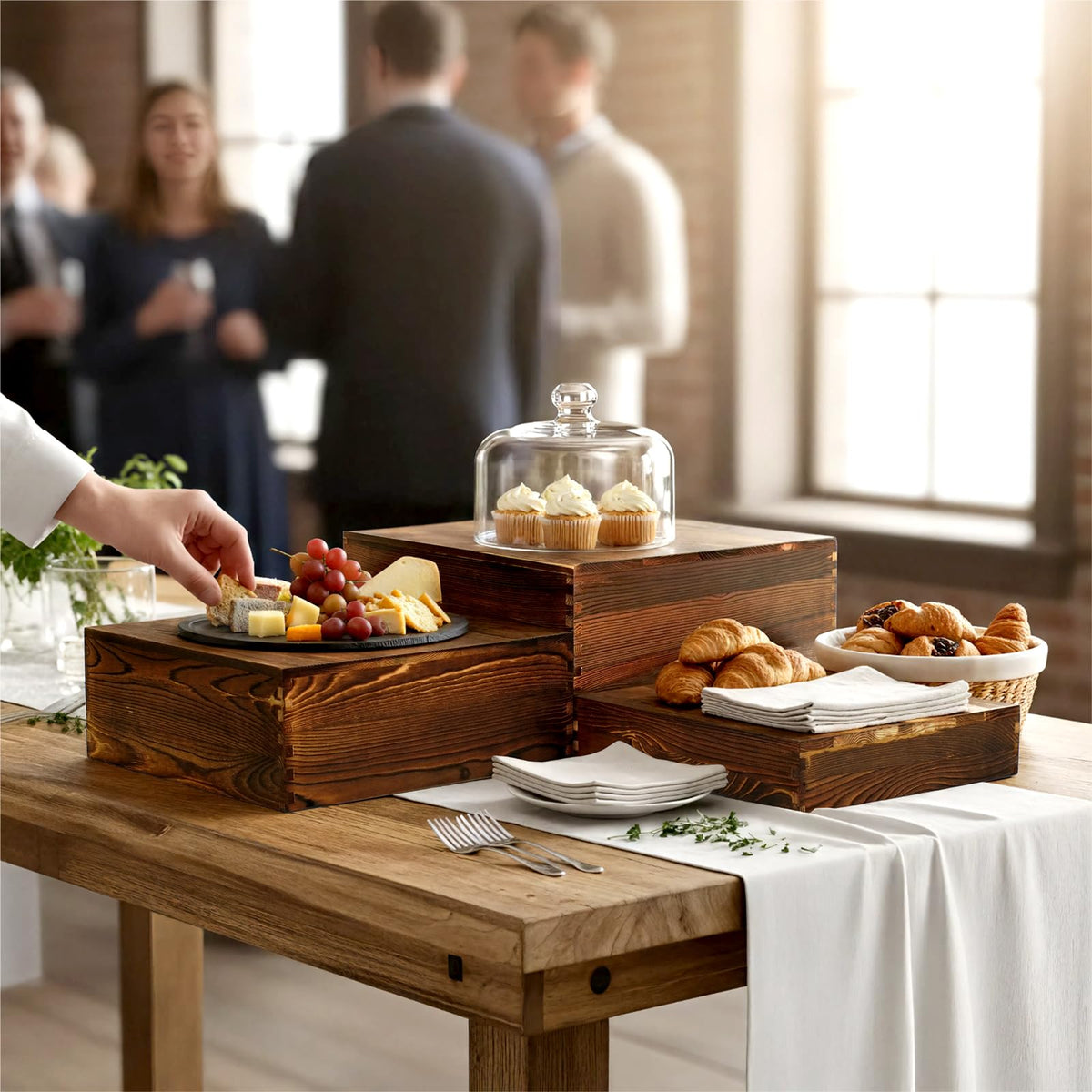 6 Pack Wooden Buffet Risers Rustic Wood Cupcake Stand Catering Supplies Buffet Display with Mini Signs Food Risers for Buffet Table Dessert Display Stand for Home Decor Party Wedding Birthday