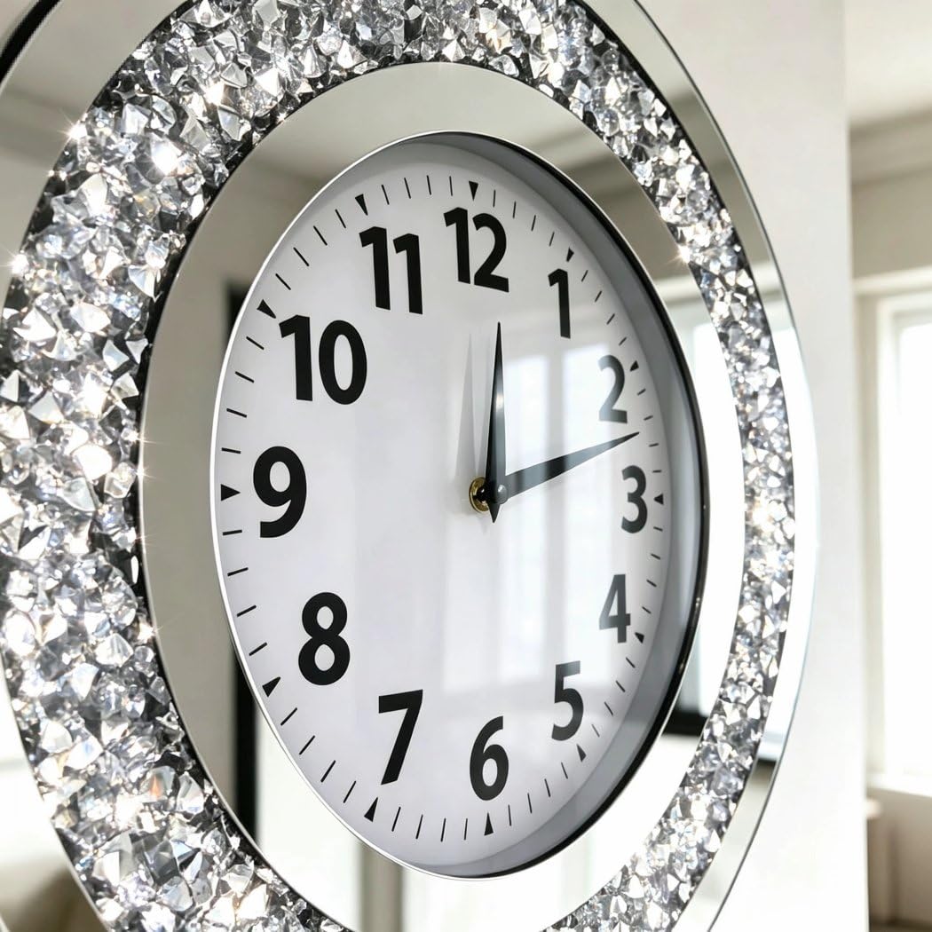 DMDFIRST Acrylic Glass Diamond Decor Round Clock, 15.7x15.7x1.7 Inches Silver Glass Round Decorative Clock, Silent Quartz Movement (No Second Hand), Modern Sparkle Home Decor (AA Battery Not Included)