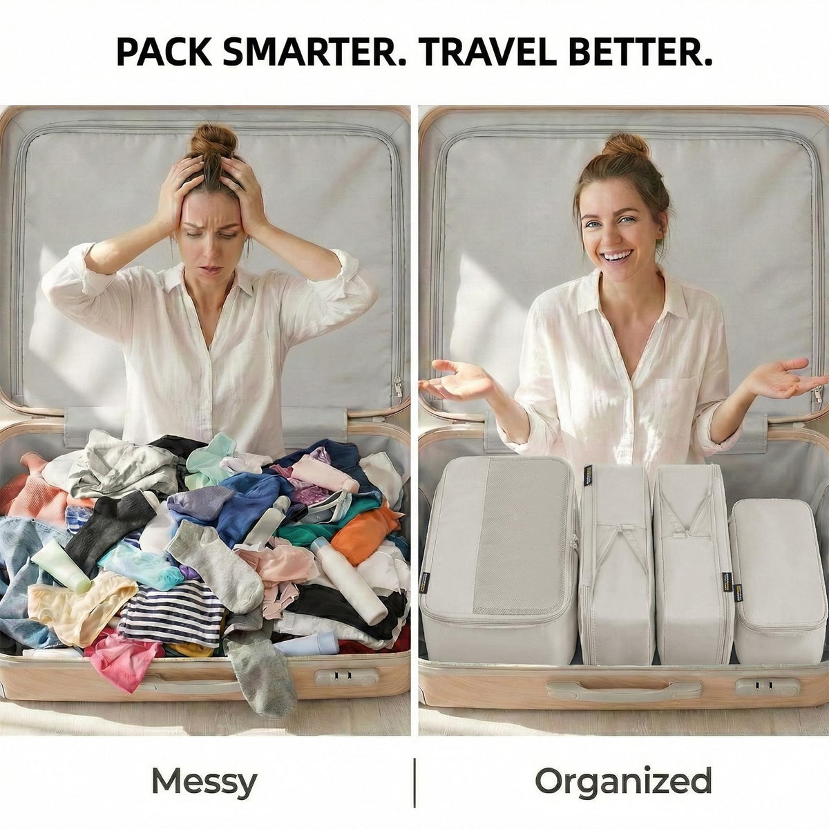 SOARSAIL 4 Piece Compression Packing Cubes for 3–7 Day Travel, Lightweight Travel Organizers with Breathable Mesh, Double-Zipper Packing Cubes for Carry-On & Suitcases (Off White)