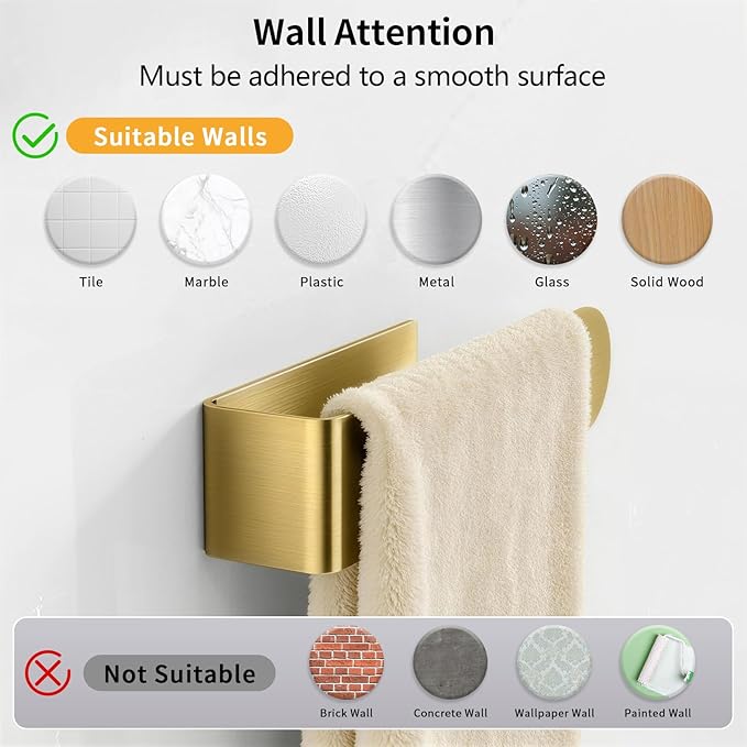 2 Pack Gold Hand Towel Holder, Adhesive Towel Bars Wall Mounted, 8 Inch Square