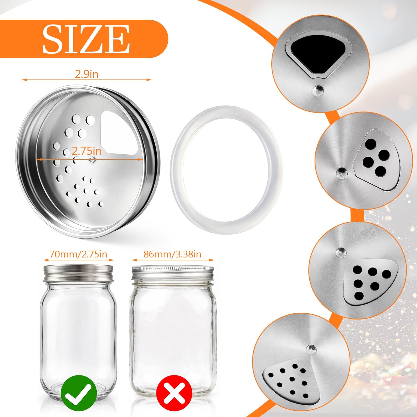2 Pack Adjustable Mason Jar Spice Shaker Lids with Silicone Sealing Ring Gasket for Regular Mouth Adjustable Tops Pour Spout Seasoning Shaker Dispenser for Spices Salt Sugar Flour Seasonings (2)
