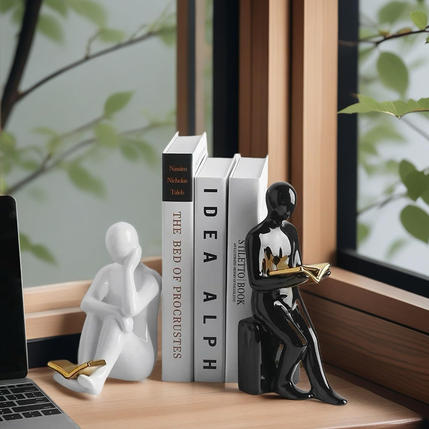 Home Decorative Reading Book Statue Bookends Elegant Resin Bookshelf Room Office Desk Decor,Paper Weights, Book Ends,Bookend Supports, Book Stoppers, Set of 2 (Black and White)