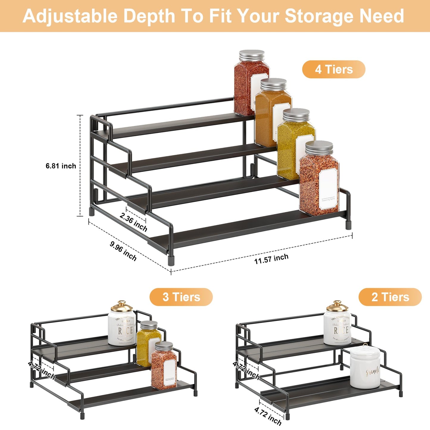 RUILALIFE 4-Tier-Spice-Rack-Organizer-for-Cabinet, Adjustable Depth Spice Holder Shelf For Countertop Pantry Cupboard, Metal Tiered Seasoning Organizer,Display Shelf Riser (Black-1 Pack)