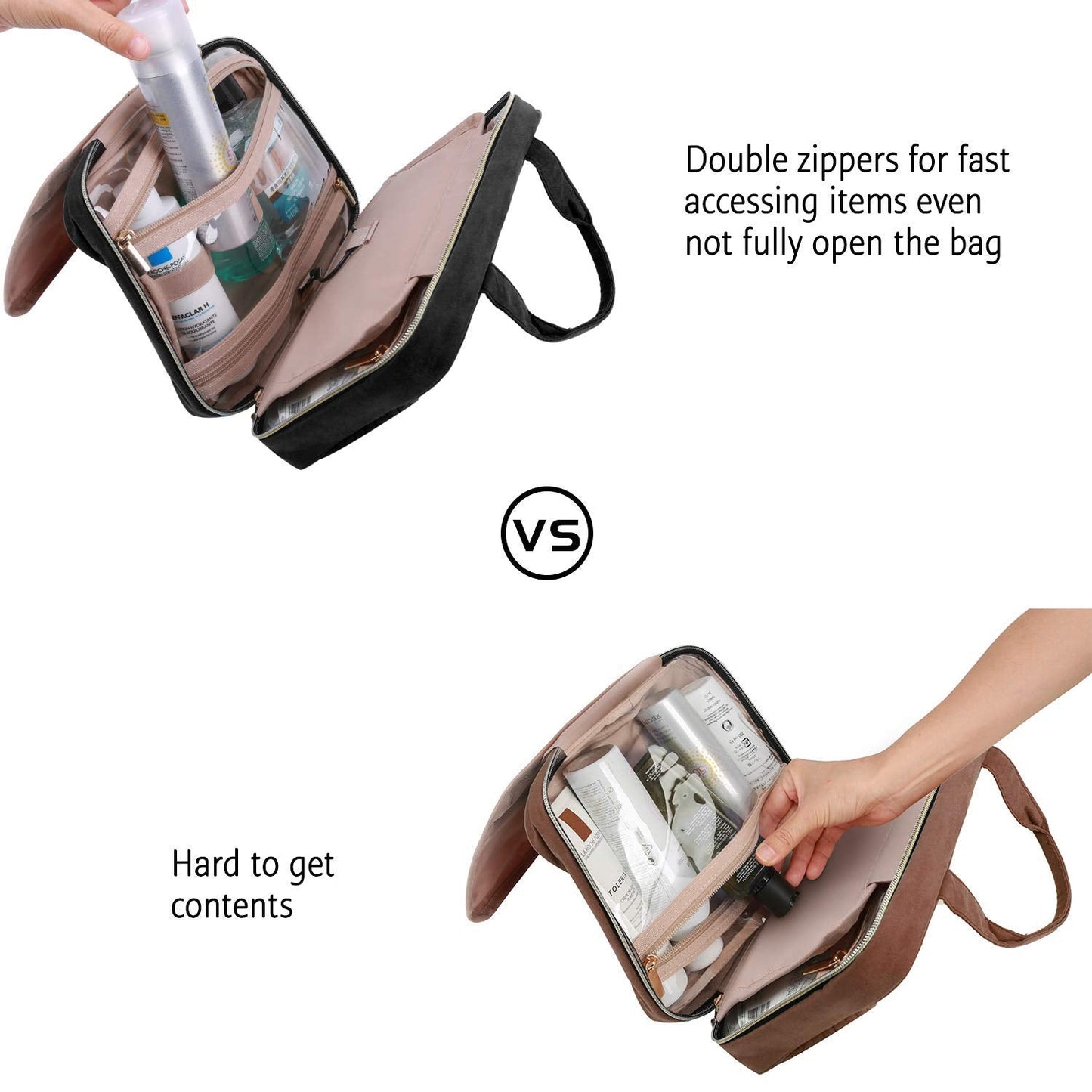 BAGSMART Hanging Toiletry Bag Travel Large Capacity Wash Bag Womens Makeup Cosmetic Bag, Travel Accessories for Full Sized Container (Medium-Black)