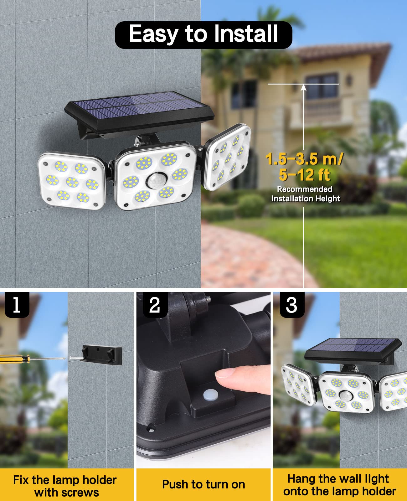 138 LED Solar Lights Outdoor, Motion Sensor Security Light with 270° Wide Angle, 3 Lighting Modes, IP65 Waterproof Solar Powered Wall Light for Garage, Front Door, Yard, Wall, Garden