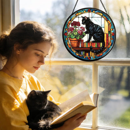 Riletese Stained Glass Window Hanging, Black Cat Themed Stained Glass Suncatcher, Window Decor, Black Cat Design Decorative Gift for Women, Couples, Best Friend, Family, Colleague, Classmate 7.8 Inch