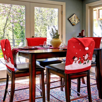 MSQ 4PCS Christmas Chair Covers, Santa Claus & Snowman Red Hat Xmas Chair Back Covers Dining Chair Slipcovers for Xmas Festive Home Dinner Table Chairs Decoration Kitchen Party Decor