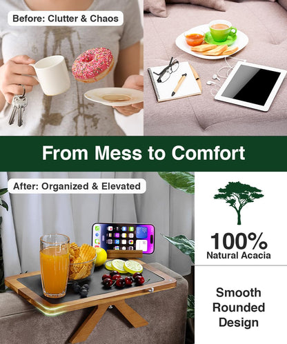 Acacia Couch Arm Tray Table – 2 in 1 Adjustable Couch Arm Table Fits Most Sofa Arms with 360° Rotating Phone Holder, Wire Holder & Non-Slip Mat – Elegant Sofa Tray for Snacks & Coffee