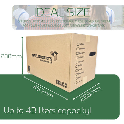 10 Strong Large Cardboard Storage Packing Moving House Boxes with Carry Handles and Room List – Ideal for Storage, Moving, and Packing 18" x 11" x 11" internal. Made in the UK
