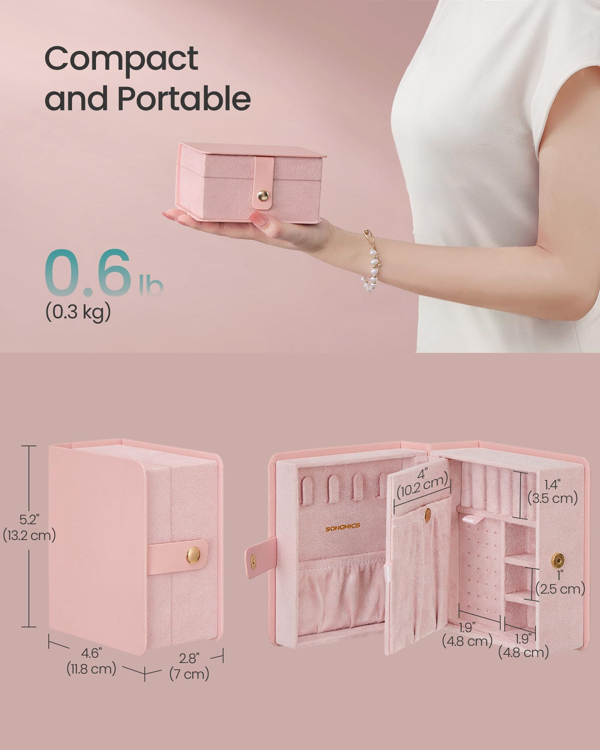 SONGMICS Jewelry Box Organizer with Mirror, Travel Jewelry Case with Pocket for Bracelet, Interlayer, 4.6 x 5.2 x 2.8 Inches, Portable, Book Design, Faux Suede Lining, Gift Idea, Jelly Pink UJBC189R01