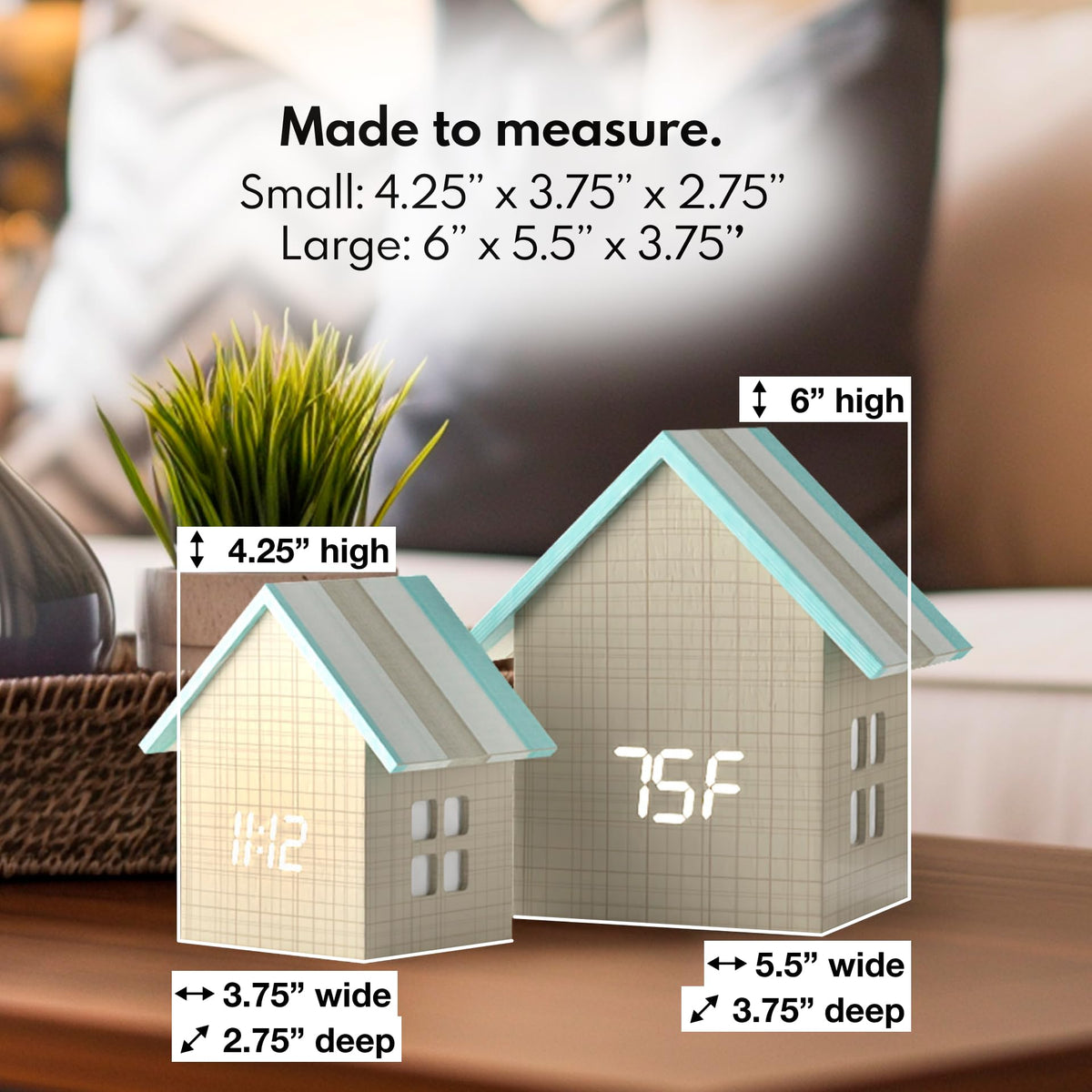 Driini Digital House Shaped Alarm Clock with Temperature Display (Stripe Wood) – Modern Aesthetic - Cute Cube Frame and White LED Dimmer - Perfect Small Desk Clock for Bedside Table or Bedroom Mantle