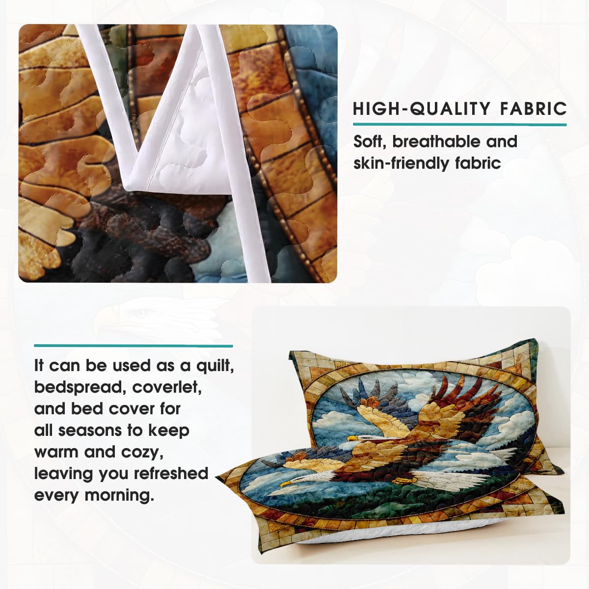 Jeminise Eagle Patchwork Printed Quilt Set, Animal Patchwork Eagle Quilt Set Throw Twin Size - Premium Pattern Quilt - Eagles Bedding Bedspread, Bedding Quilts Gift
