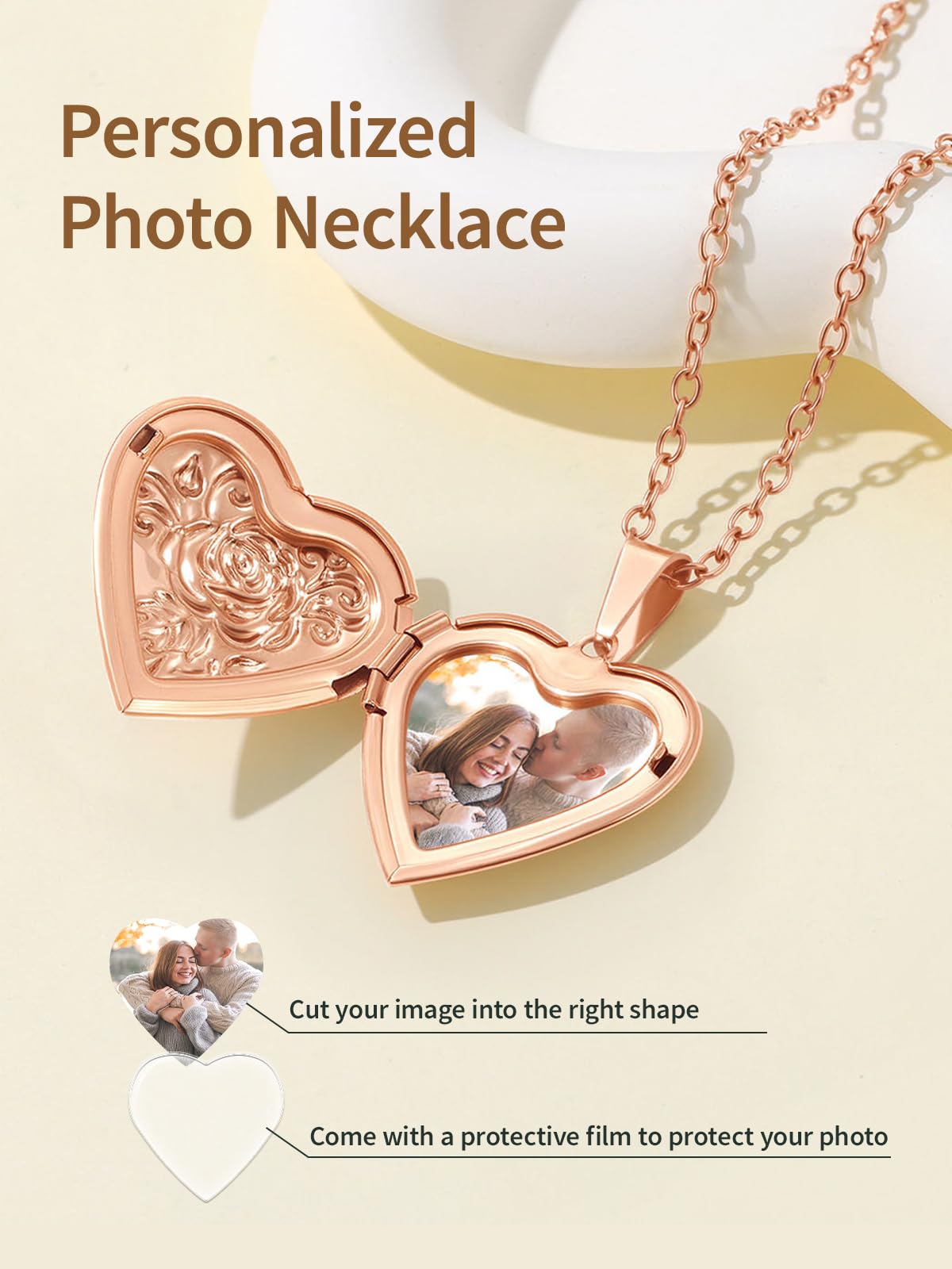 FindChic Photo Necklace for Women, Heart Locket Pendant with Picture Inside, Rose Gold Personalized Memorial Jewelry, Custom Gift for Mom Wife Girlfriend Birthday Valentine's Day