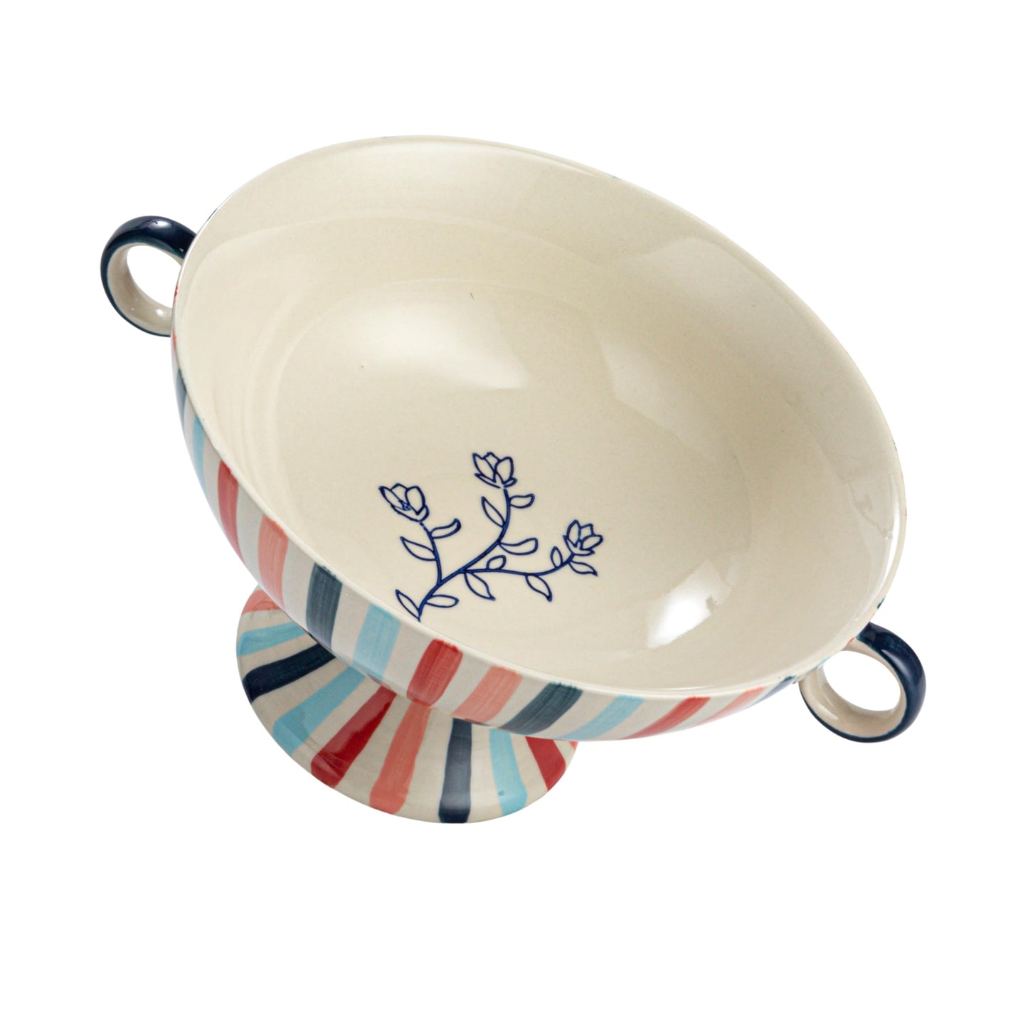 Creative Co-Op Hand-Painted Stoneware Footed Bowl with Handles and Stripes, Multicolor