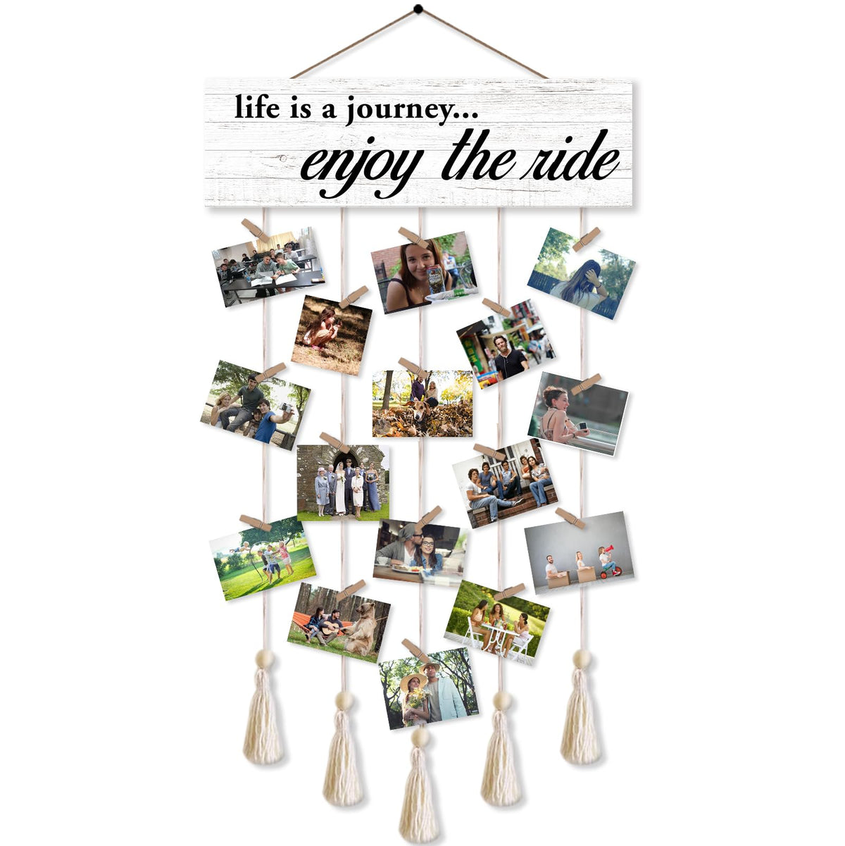 Gwisml Hanging Photo Display with 16 Clips 5 Strings,Rustic Style Picture Collage Frames Wall Decor Wood Hanging for Home Living Room Décor,Housewarming Gifts,Life is A Journey Enjoy The Ride