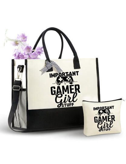 InnoBeta Gamer Gifts for Women & Gamer Girls, Canvas Tote Bag on Christmas or Birthday, Tote with Top Zipper Closure and Shoulder Strap
