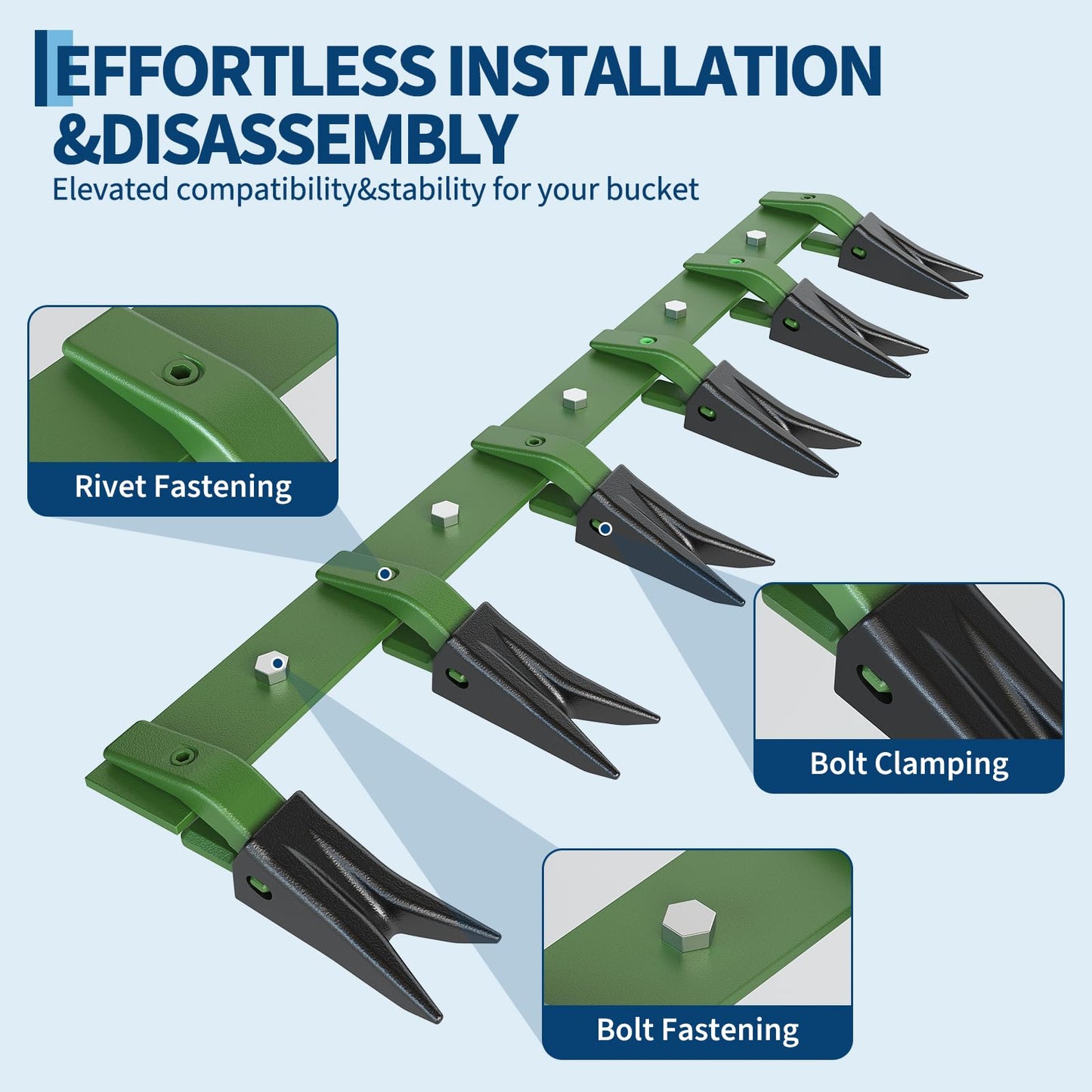 GarveeTech Heavy Duty 49 in Bucket Tooth Bar Designed for Sub-Compact Tractors, No Drilling Required, Fits 1/2 in or Smaller Bucket Cutting Edges, Durable Green Finish