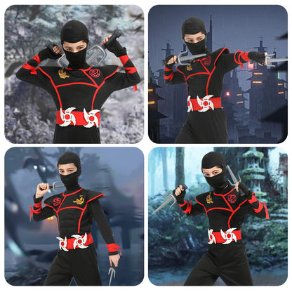 Aomig Kids Halloween Fancy Dress Costume with Ninja Accessories, Warrior Muscle Costume for Boys Girls, Luxury Role Play Outfit for Halloween Cosplay Theme Party (M)