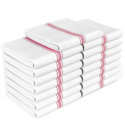 Zeppoli Tea Towel Set Kitchen Towels – 36 x 64 CM 100% Natural Cotton Dish Catering Towels - Soft and Absorbent Reusable Cleaning Cloths (White Red Striped)