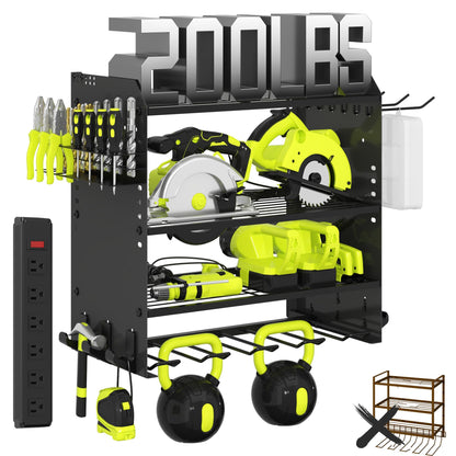 CFMASTER 4 Layer Heavy Duty Power Tool Organizer Wall Mount with Charging Station, Adjustable Metal Storage Rack, 6 Outlets Strip, Drill Holders, Hooks & Drill Bit Rack for Garage, Workshop, Black