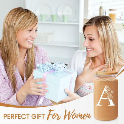 SANDJEST Monogrammed Gifts for Women - Monogram A Initial Glass Cup 16 Oz Can Coffee Cups with Lid and Straw - Monogram Initials Gifts for Womens on Birthday