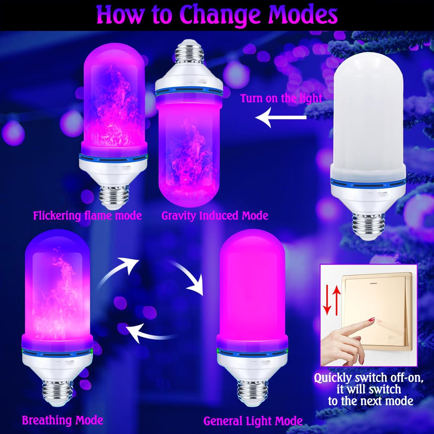 Upgraded LED Purple Flame Light Bulbs, 4-Mode Flickering Light Bulbs with Gravity Sensor, E26 Fire Light Bulb for Porch Party Patio Home Halloween Christmas Indoor Outdoor (Purple, 2)