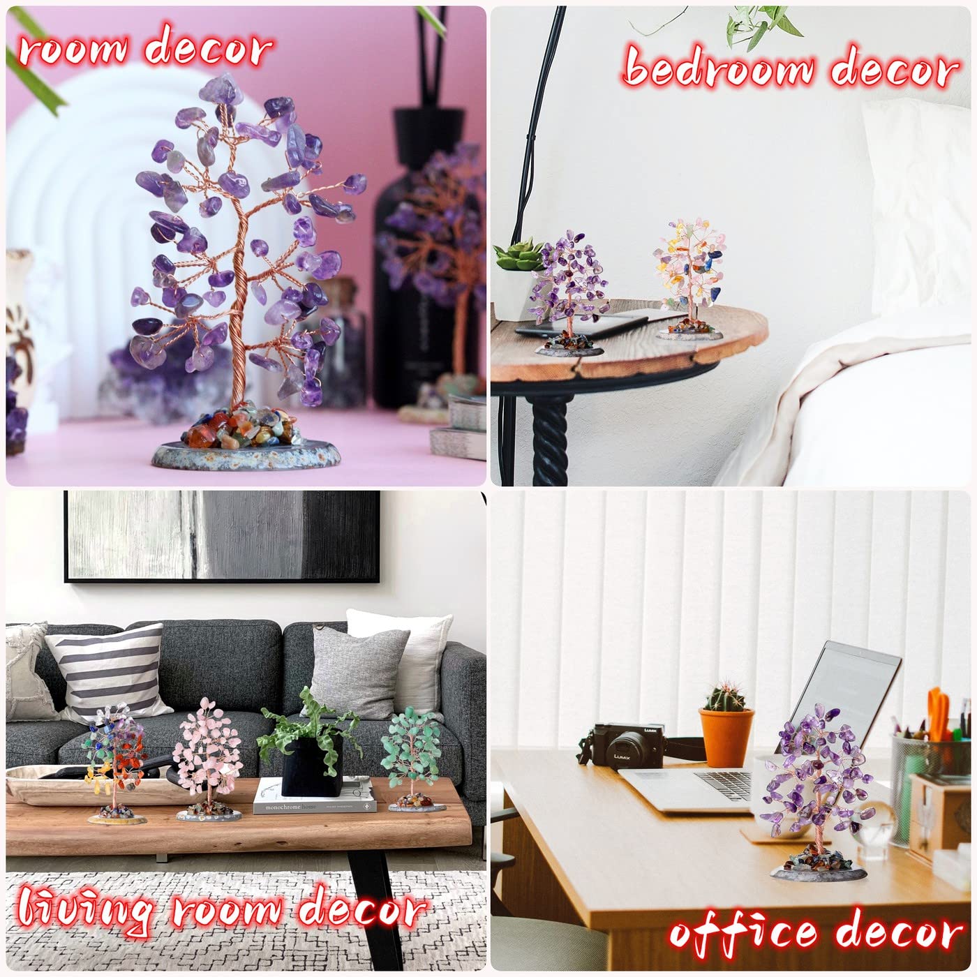 Amethyst Healing Crystal Tree of Life Natural Gemstone Agate Slice Base Copper Wire Wrapped Money Trees Feng Shui Reiki Spiritual Energy Decorations Home Office Room Desk Decor Gifts for Women Men