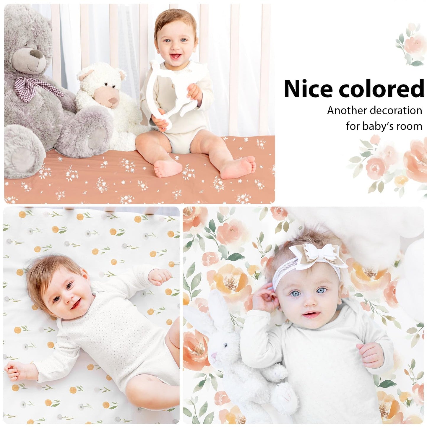 FIEMOL Baby Crib Sheets Girl, 3 Pack Toddler Bed Sheets for 52”x28” Standard Toddler Mattresses, Soft Microfiber Fitted Crib Sheets Neutral Orange Watercolor Flower