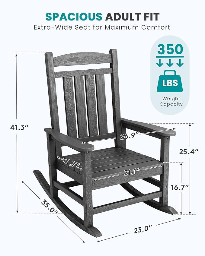 SERWALL Outdoor Rocking Chair Set of 2, HDPE Patio Rocking Chair, All-Weather Porch Rocker for Balcony, Yard, Dark Gray