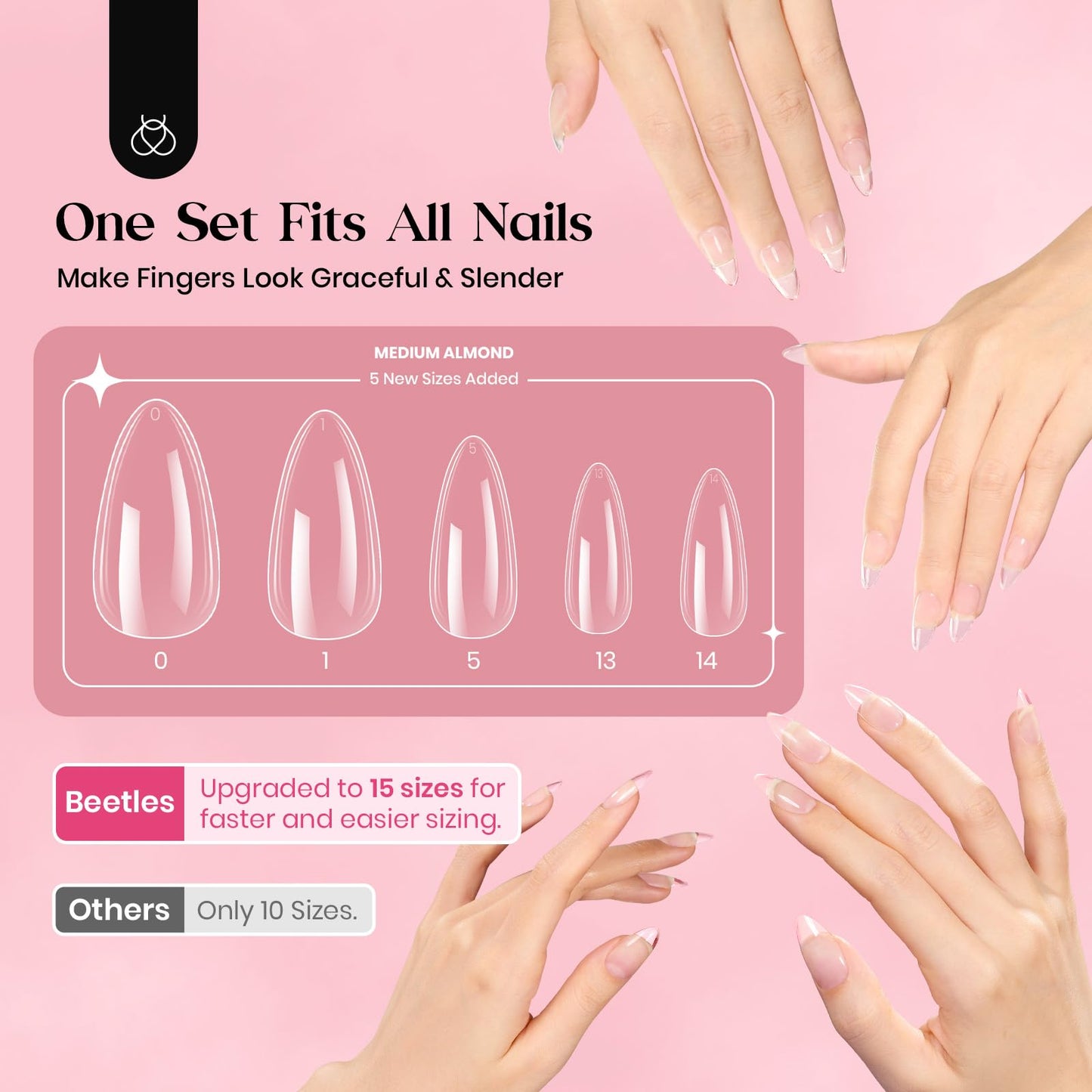 Beetles Gel Nail Extension Kit Almond Shape, Easy 9 in 1 Glue Uv Led Set Etch X Nail Tips Short Almond Half Matte Tips, Gift for Women & Girls, 504 pcs