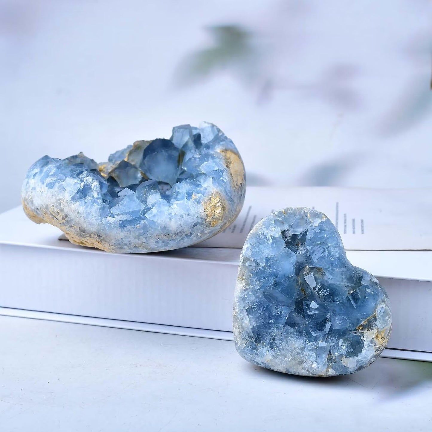 FZBHRO Extra Large Blue Celestite Geode Heart Healing Crystal Stone Collection Mineral Specimen with Stand Home Office Decor 1.3-1.7 Pound