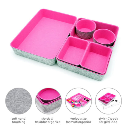 Welaxy Drawer organizers bins felt trays desk storage dividers small round organizing box for office supplies closet cabinet makeup holder 7-piece (Hot pink)