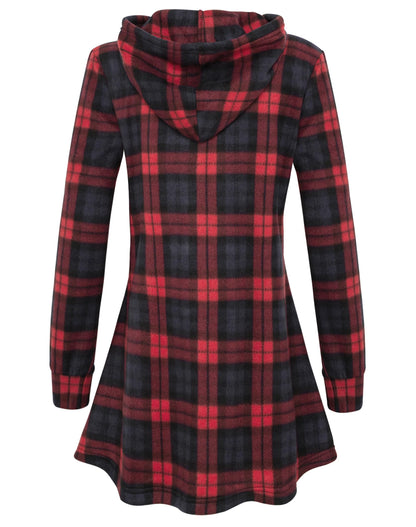 Miusey Holiday Sweaters for Women Long Zip Up Jacket Trendy Fleece Tunic Sweatshirts Christmas Full Zip Long Hoodies Red Plaid Large