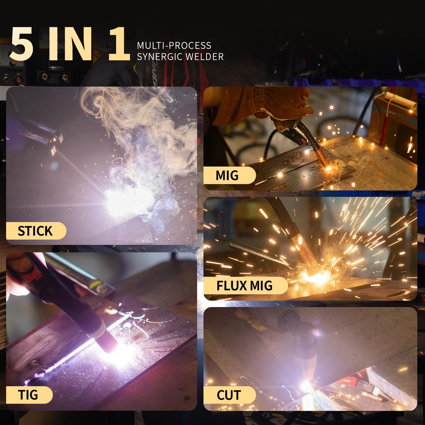 PUWU Plasma Cutter Welder Combo, Gas MIG/Gasless MIG/HF TIG/Stick/CUT 5 in 1 Aluminum Welding Machine with 110V/220V Dual Voltage Multi Process Welder with 20PCS Rods and Gloves