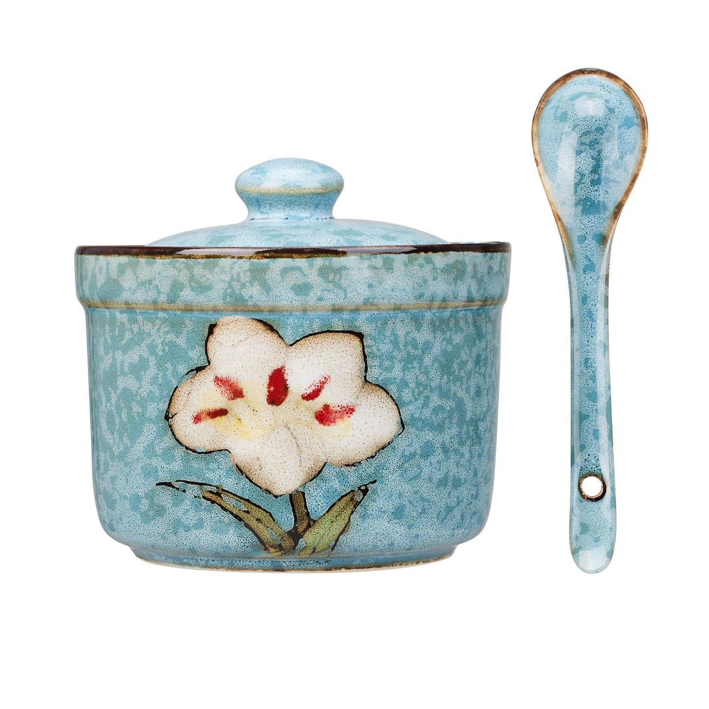 Soyestan Handmade Ceramic Sugar Bowl with Lid and Spoon, 9oz Porcelain Condiment Jar with Hand-Painted Floral Design, Colorful Seasoning Container for Sugar, Salt, Spices Kitchen (Blue)