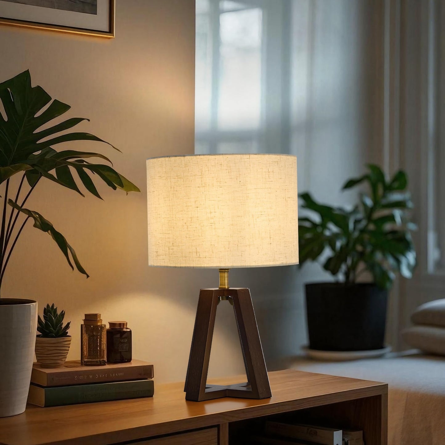 Booniture Cross-Base Table Lamp, Small Bamboo Bedside Lamp with Beige Linen Lampshade, Boho Modern Nightstand Lamp for Bedroom Living Room Office,E26 Socket (Walnut Color)