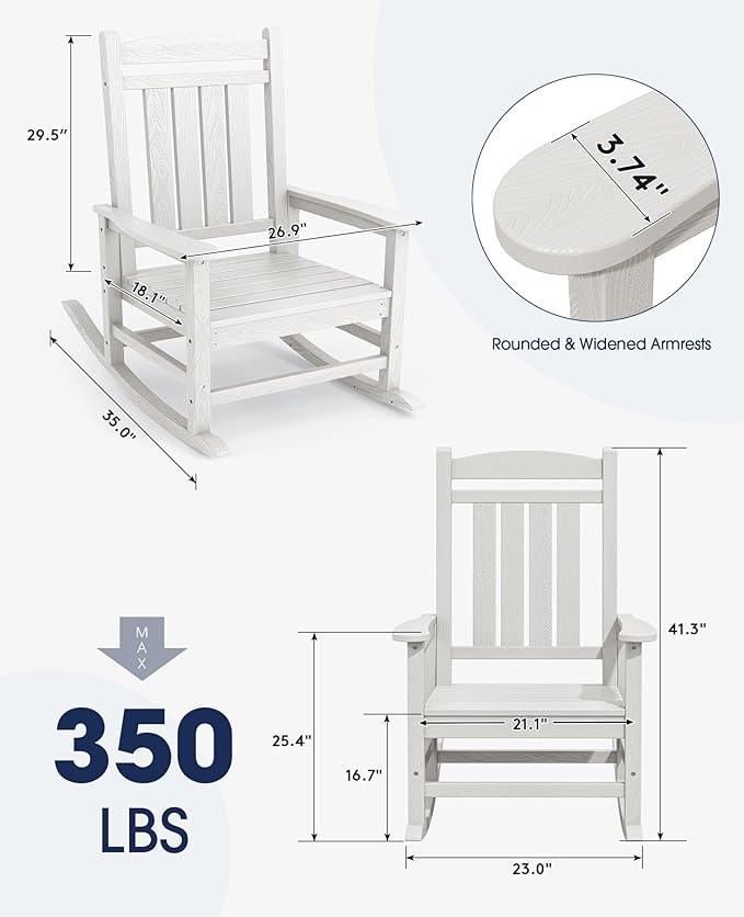 KINGYES Oversized Patio Rocking Chair Set of 2, High Density Polyethylene Outdoor Rocking Chairs with 330lbs Support for Adults, White