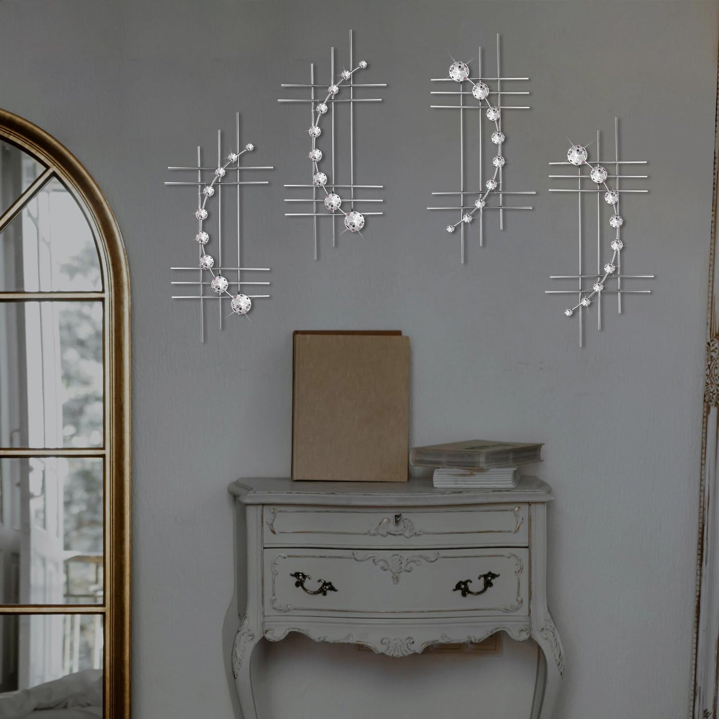ZEXUIRU 4 Pcs Abstract Metal Wall Art for Home Decor Living Room Bedroom Bathroom Office Metal Bling Modern Geometric Hanging Vertical Small Iron Sculpture Plaque Pack -Silver 16.5in
