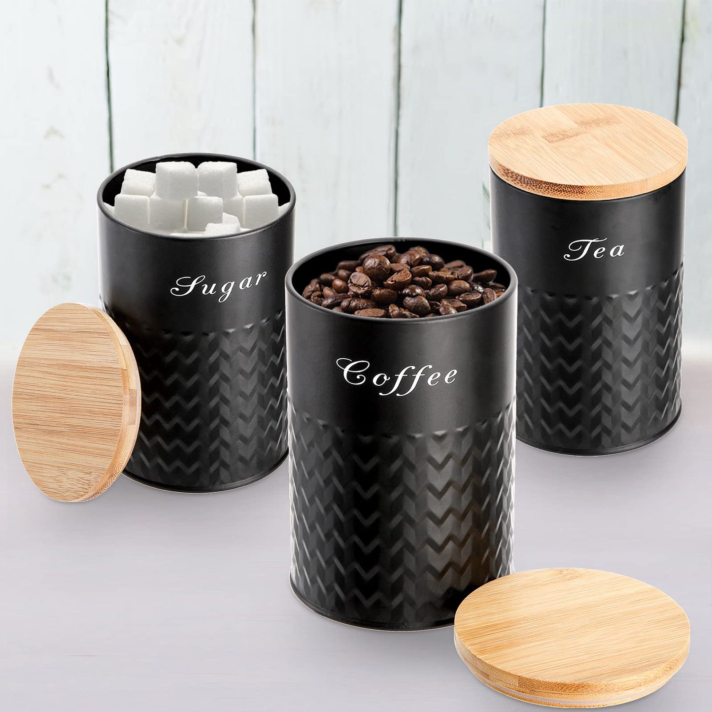 Bekith 3 Pack Kitchen Canisters with Bamboo Lids, Airtight Metal Canister Set, Food Storage Containers Jars for Coffee, Sugar, Tea, Flour, Rustic Kitchen Decor Containers, Black