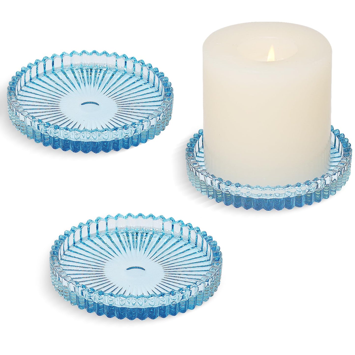 CHOCSTAY Glass Pillar Candle Holder, 4" Blue Candle Plates Set of 3, Glass Candle Holders for Wedding, Party, Holiday, Home Decor, Table Centerpiece