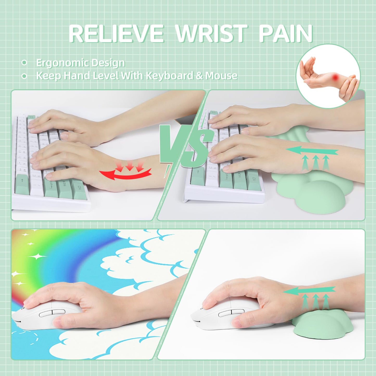 ATTACK SHARK Cloud Wrist Rest Mousepad Set for Gaming Keyboard and Mouse(31.3x11.6in) XXL Large Desk Mat Gel Wrist Support,PU Soft Memory Foam,Pain Relief,Non Slip Office Supplies for PC/Laptop-Green