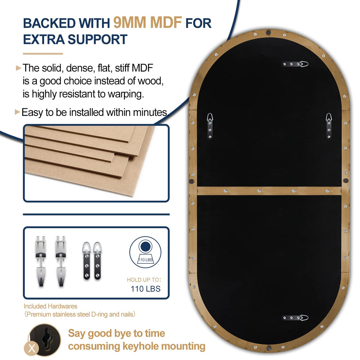 ANDY STAR Gold Bathroom Mirror 60 x 30 Inch, Full Length Mirror, Oval Vanity Mirror, Pill Shaped Mirror in Stainless Steel 1’’ Deep Wall Mounted Vertical/Horizontal