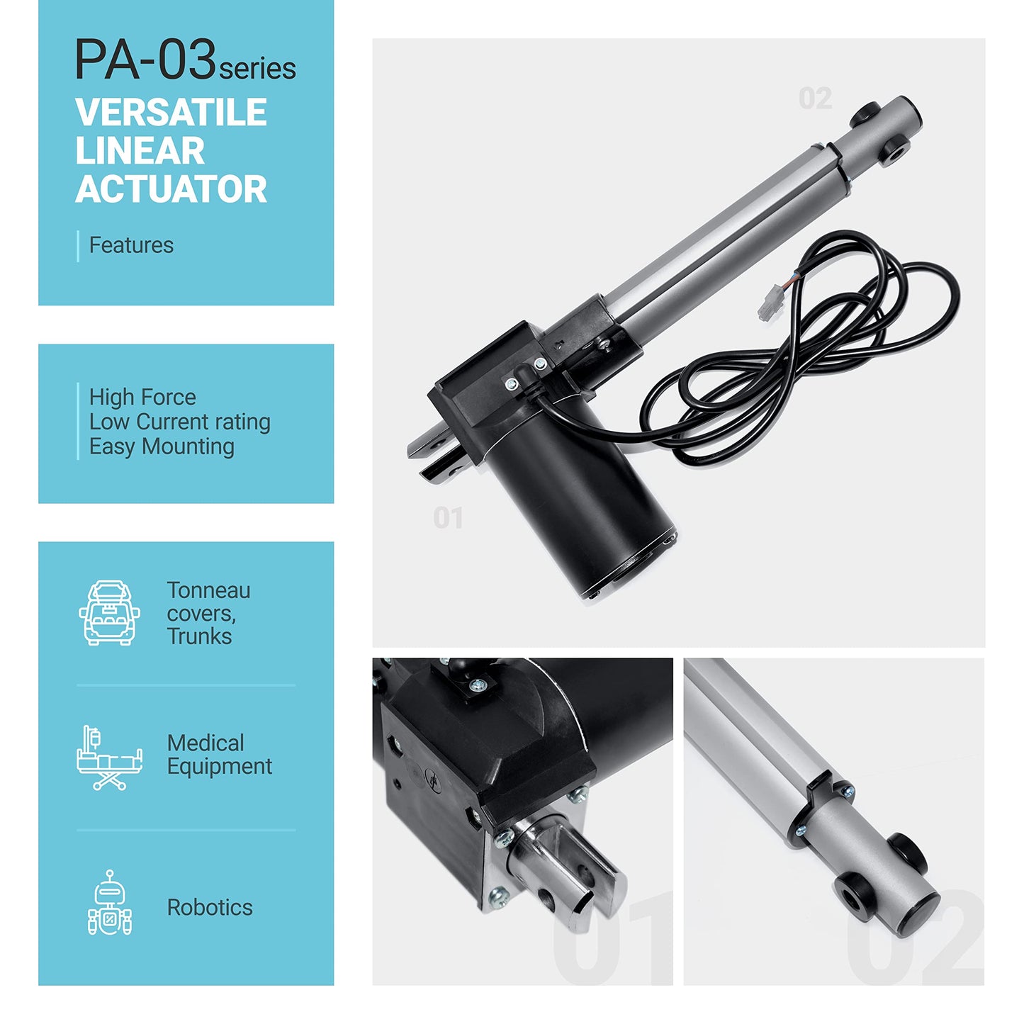 Progressive Automations 12V Linear Electric Actuator - 10 inches Stroke, 600 lbs Force with Low-Current Rating DC Motor and Durable Stroke for Automotive, Medical, Robotics Usage, PA-03-10-600