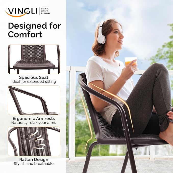 VINGLI PE Rattan Outdoor Dining Chairs Set of 1, Plastic Stackable Patio Chairs for Indoor, Porch, Restaurant, Garden, Brown