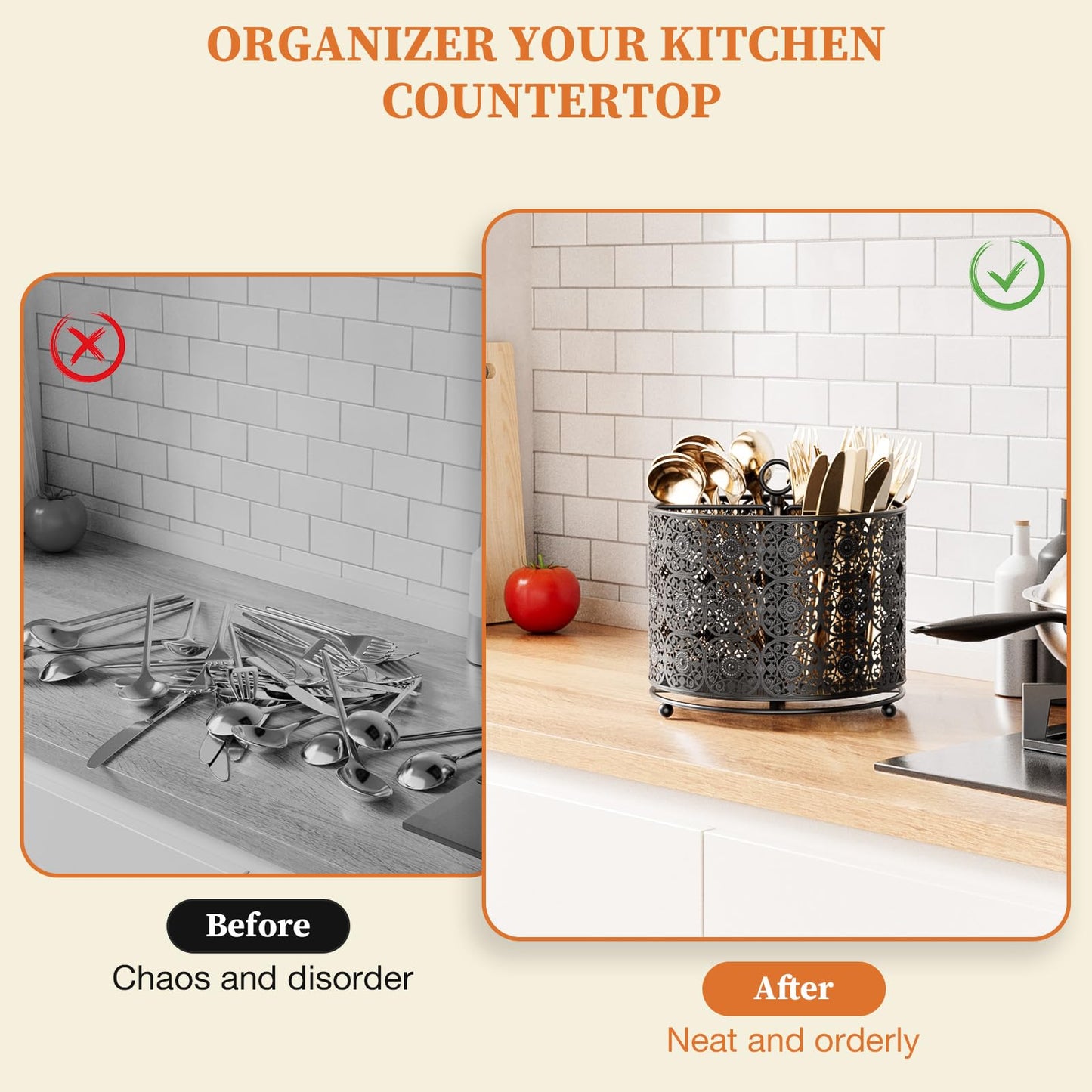 YIUKEA 360° Rotating Utensil Caddy Countertop - Cutlery Silverware Caddy Holder with 4 Compartment - Higher Raised Flatware Organizer with Handle for Party Kitchen Counter Office Black