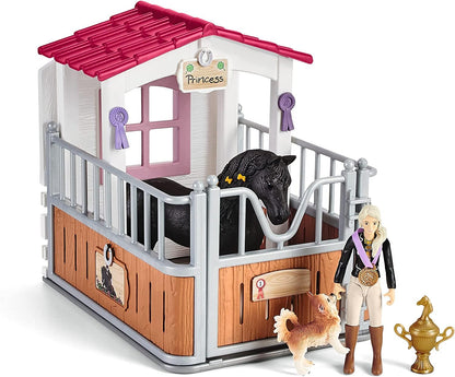 SCHLEICH Horse Club - 26 PC Tori and Princess Horse Toy Stall Playset with Dog Figurine and Accessories - Realistic, Posable Rider Figure and Pony Toys for Girls and Boys - Kids Ages 5+ - 42710